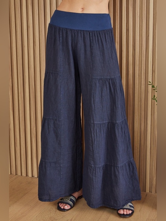 Milio Milano Pants - (2-36/255005-SOL-NAVY) LINEN TIERED PALAZZO PANT